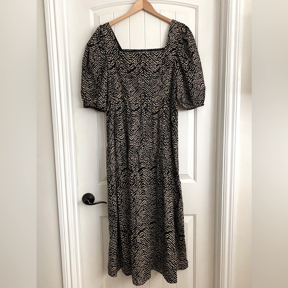 ♦️SOLD♦️ Mango Puff Sleeve Midi Dress Abstract Animal Print Black & Tan Size 10 - Picture 6 of 13